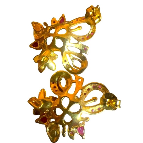 Authentic Ruby & Pearl Pierced Earrings Fine Jewelry Gold Plate on 925 Sterling - Picture 6 of 7